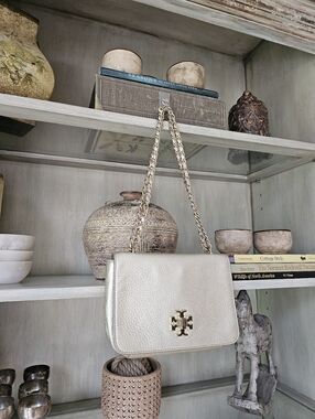 Tory Burch Mercer Adjustable Shoulder Bag White Gold Metallic